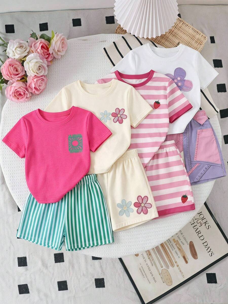 Regreso a la Escuela Camiseta Básica Casual con Estampado de Flores de Fresa, Rayas y Patchwork Floral Colorido para Niñas Jóvenes, Shorts de Verano - Multicolor - Ver 1