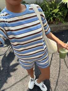 Muchica 休闲不规则条纹学院风条纹度假女装夏季印花圆领短袖T恤和条纹短裤休闲两件套，适合春夏度假 - 彩色 - 查看 4