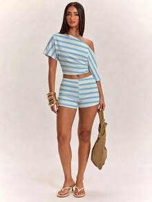 SHEIN BAE Women's 2-Piece Set Asymmetrical Shoulder Top And Shorts, Casual Minimalist Daily Versatile All-Match, Date Night, Outing, Commute, Beach, Vacation, Summer Outfit - Multicolor - View 6