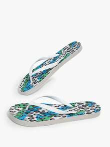 Grefit Blue-Green Contrasting Leopard Print Flip-Flops Female Summer - Blue and White - View 6