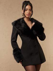 Silquee Women's Elegant Fuzzy Patchwork Double-Breasted Blazer - Black - View 7