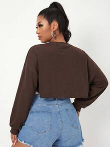 SHEIN EZwear Women's Plus Size Patchwork Long Sleeve Short Sweatshirt Fall - Chocolate Brown - View 2