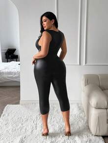 SHEIN SXY Plus Size Sexy Cutout Eyelet PU Material One-Piece Capris - Black - View 2