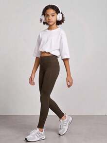 SHEIN Tween Girls' Leggings, Sports Casual Base Layer Long Pants, Ribbed Elastic Fabric, Soft And Comfortable, Side Pocket Design, Convenient For Storage, Suitable For Yoga, Casual Wear, All-Season Product - Brown - View 4