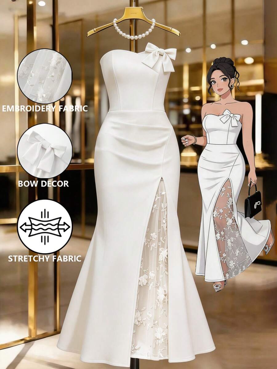 GlowEve CURVE Women's Bowknot Decor Floral Mesh Patchwork Elegant Mermaid Strapless Dress - White - View 1