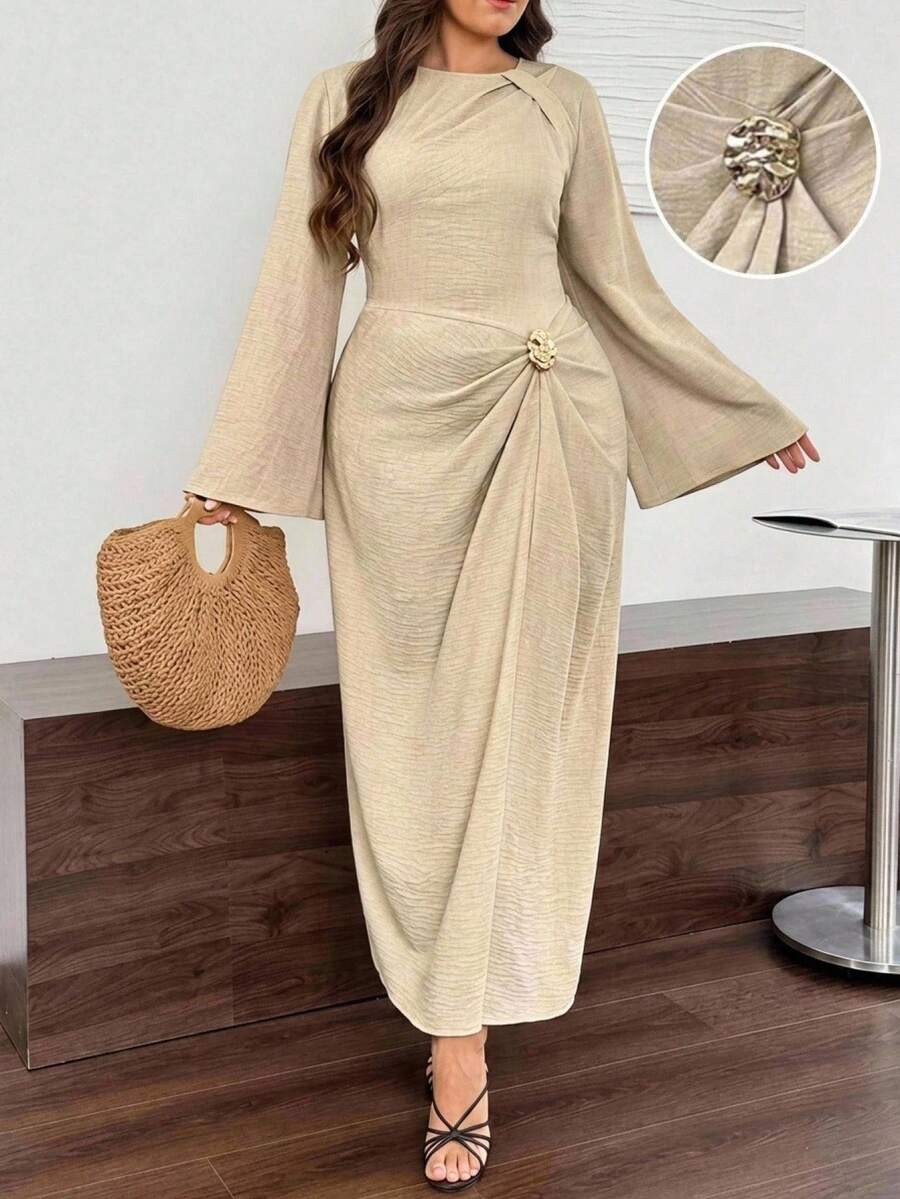 SHEIN LUNE Plus Size Casual Elegant Traditional Bell Sleeve Metal Decor Dress Autumn Formal Evening Tea Party Cocktail Wedding Guest Beige