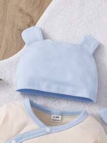 SHEIN Playful Pals 新生兒卡通印花鈕扣連身衣、帽子與圍兜 3 件套睡衣套裝 - 藍色 - 查看 4