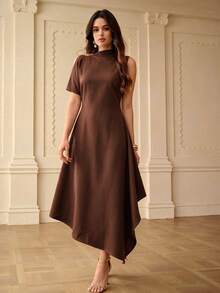ZEYLAH Spring/Summer Asymmetric Hem Asymmetrical Shoulder Dress - Coffee - View 5