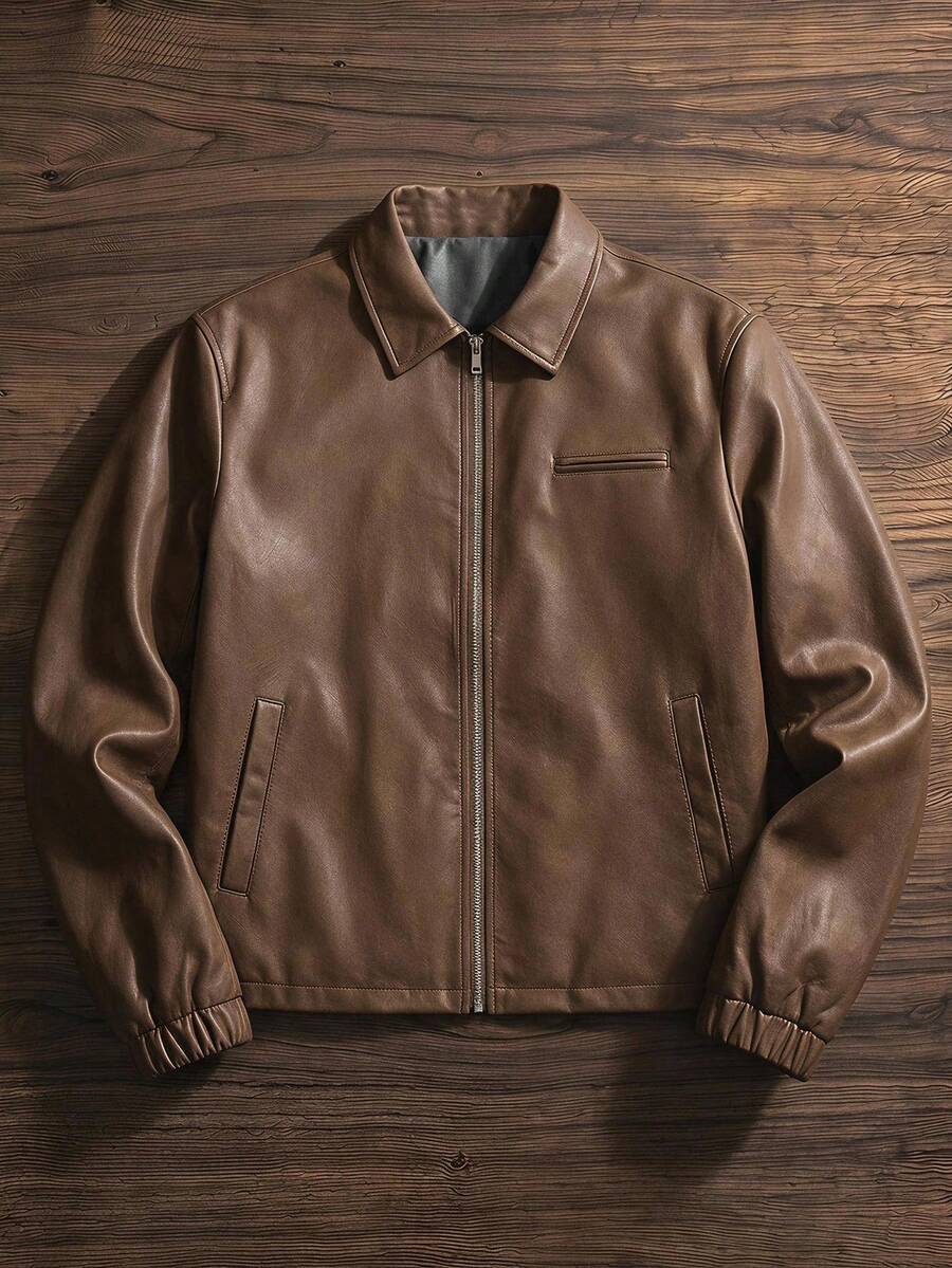 SWAVVY Jaket Pria Kasual Tenun Bergaya Muda dari Kulit PU Lengan Panjang dengan Resleting, Cocok untuk Musim Semi dan Aktivitas Luar Ruangan - Coklat - View 1