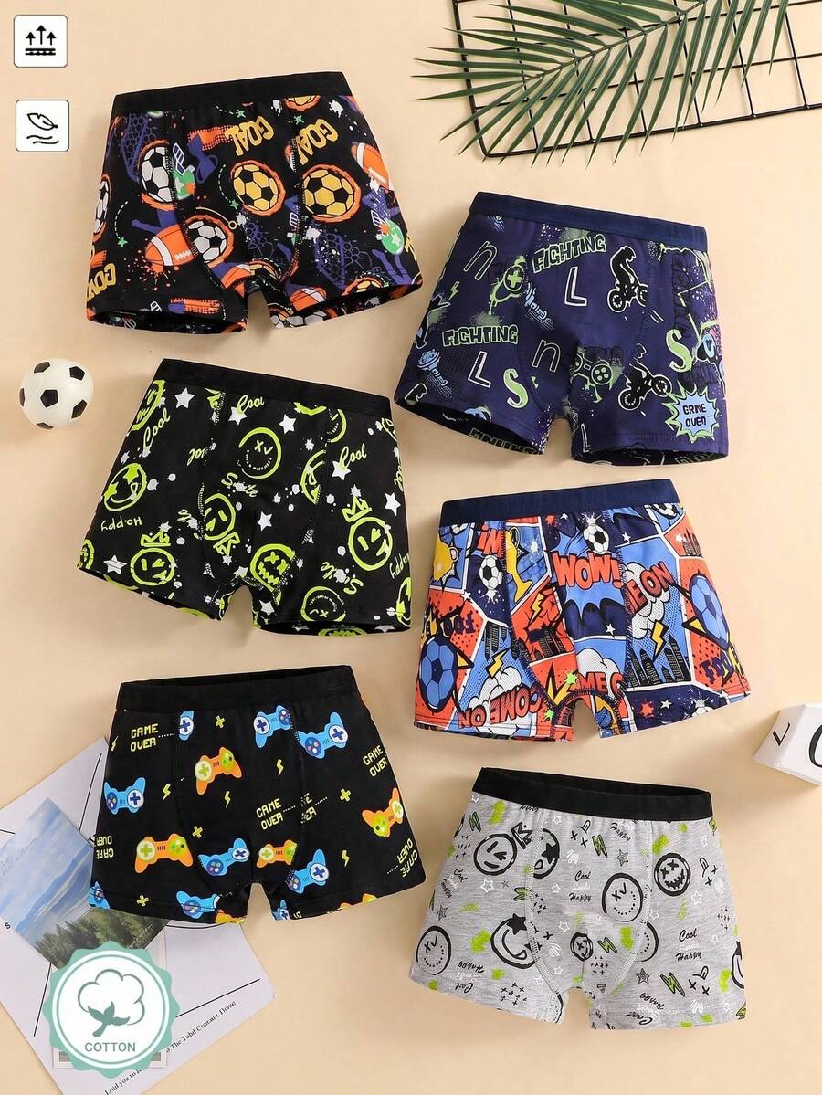 6pcs/Pack Tween Boy Colorful Video Game & Print Cotton Boxer Briefs Autumn Fall - Multicolor - View 1