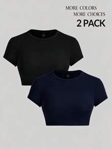 SHEIN PETITE Ultra-Cut 女款短袖緊身 T-shirt 黑白兩件組 - 彩色 - 查看 6
