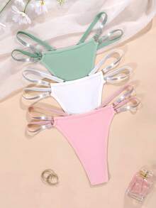SHEIN 女款純色拼接亮片T-Back內褲3件組 - 彩色 - 查看 3