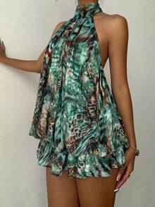 Aloruh Green Printed Mini A-Line Dress, Slimming Sexy Style - Green - View 2