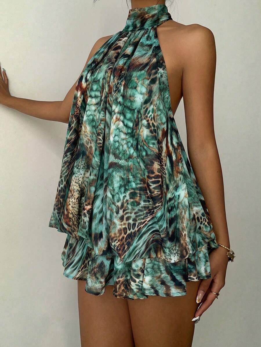 Aloruh Green Printed Mini A-Line Dress, Slimming Sexy Style - Green - View 1