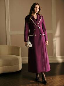 MOTF PREMIUM WOMEN'S ELEGANT CONTRAST FAUX PEARLS TAPE TRIM OVERCOAT, AUTUMN/WINTER - Purple - View 3