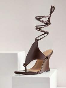 SHUZIA Sandal Wedges Wanita Model Thong dengan Tali Ikat, Sepatu Musim Panas - Chocolate Brown - View 2