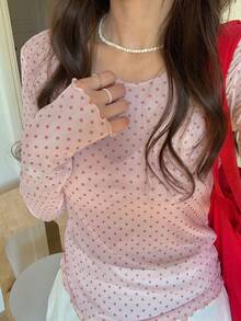 DAZY Atasan Wanita Kasual Jala Leher Bulat Lengan Panjang Motif Polkadot Musim Gugur - Baby Pink - View 7