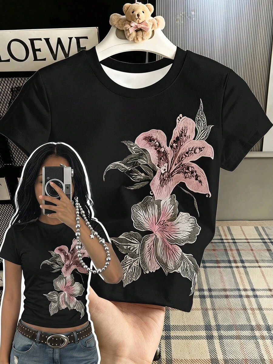 復古甜美百合花卉印花,青少年女孩修身休閒簡約舒適圓領緊身長短袖T恤,適合夏季,街頭復古風,輕鬆舒適,兒童秋季疊穿,Y2K,運動套裝,外出,街拍,校園,慵懶隨性 - 彩色 - 查看 1
