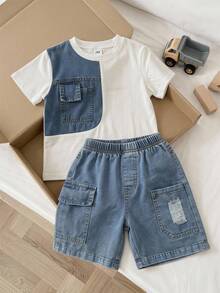 SHEIN Little Byeori 儿童牛仔拼接圆领T恤和牛仔裤两件套，休闲日常穿着，适合通勤、上学、日常休闲、运动、春夏穿着。 - 白色 - 查看 4