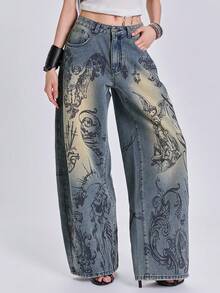 ACID BLVD Celana Jeans Denim Longgar Potongan Lurus Gaya Vintage Washed, Motif Sayap Malaikat Bunda Maria Streetwear Punk Y2K Sepanjang Musim, Motif Bunga dan Slogan, Dicetak di Seluruh Permukaan - Biru - View 6