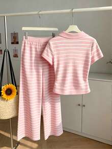 Resyla 夏季服装、女装、女士两件套、新款、时尚两件套、街头风两件套、女士街头风、度假两件套、家居两件套、舒适两件套、宽松清爽两件套、睡衣两件套、条纹套装、女士两件套、休闲套装 - 彩色 - 查看 2
