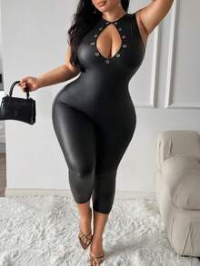 SHEIN SXY Plus Size Sexy Cutout Eyelet PU Material One-Piece Capris - Black - View 3