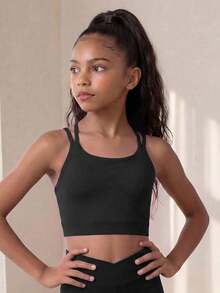 SHEIN Tween Girl Criss Cross Back Sports Bra, Autumn Winter, Fall, Back To School, Yoga, Gym, Running, Training, Stretchy, Breathable, Elastic, Active - Black - View 7