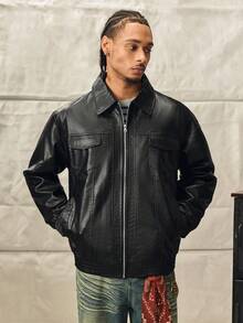 Loose Fit Men's Long Sleeve Flap Pocket PU Leather Zipper Front Rave Jacket, For Fall Winter - Black - View 6