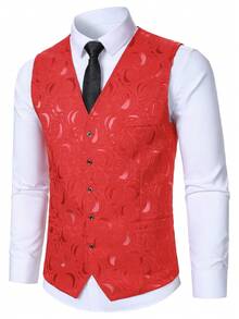 Calvornis Men's Jacquard Single-Breasted V-Neck Suit Vest - Red - View 4