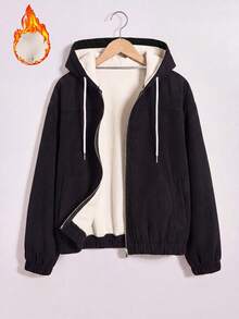 SHEIN LUNE CURVE Jaket Pendek Berkerudung Bergaya Gadis Seksi Amerika dengan Lapisan Termal dan Lapisan Wol Domba - Hitam - View 1
