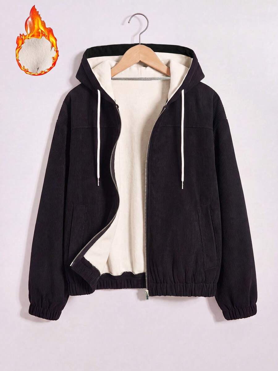 SHEIN LUNE CURVE Jaket Pendek Berkerudung Bergaya Gadis Seksi Amerika dengan Lapisan Termal dan Lapisan Wol Domba - Hitam - View 1