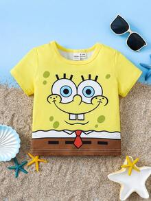 SpongeBob SquarePants | SHEIN 1件男嬰夏季休閒卡通印花短袖T恤 - 彩色 - 查看 3