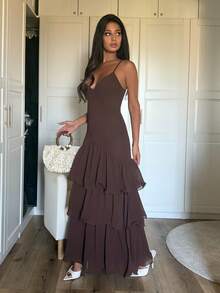 Ronhire Elegant Banquet/Date Layered Hem Spaghetti Strap Dress,Summer Dresses For Women - Brown - View 5