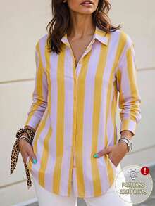 BrightlyHer Plus Size Women's Color Block Striped Lapel Collar Long Sleeve Button Front Loose Fit Shirt Casual Elegant Office Formal Brunch Fall Soft Yellow - Multicolor - View 4