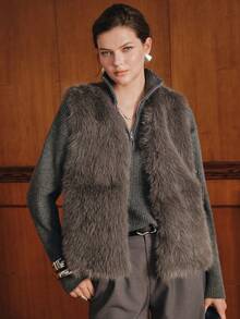 Anewsta Premium Grey Faux Fox Fur Vest, Sleeveless Pocket Plush Elegant Outerwear, Commute & Date Chic Socialite Style - Grey - View 6