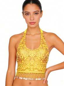 Sequin Embroidered Cropped Top Belly Dance Costume, Metal Disk Tassel Fringe Festival Outfit, Party Rave Stage Performance Wear For Women, Multicolor Options - Multicolor - View 7