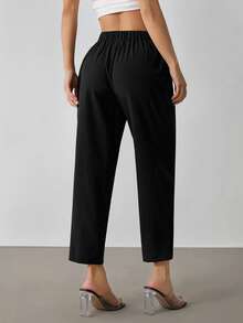 SHEIN PETITE Women Casual Commuter Plain Color Tapered Pants ,Petite Women - Black - View 2