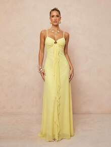 Lumalex Women's Pale Yellow Elegant Romantic Summer Maxi Dress,Spaghetti Strap Sweetheart Neck Cut-Out Ring Detail Ruffle Backless A-Line Holiday Gown - Multicolor - View 4