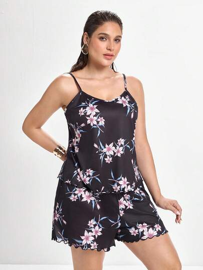 Slumbrini Plus Size Floral Print Cami Top & Shorts Pajama Set