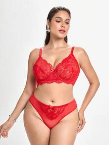 Slumbrini 2pcs Plus Size Lace Patchwork Lingerie Set Red - Red - View 3