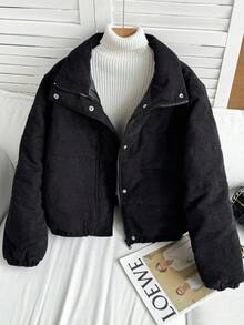 SHEIN 青少年女孩冬季外套，休閒黑色燈芯絨填充夾克，附拉鍊與按扣，秋冬款 - 黑色 - 查看 3