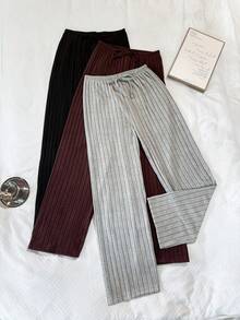 Napfluff Women's 3 PiecesPajama Bottoms Set, Knitted Ribbed Brushed Fabric, Bowknot Cute Casual Minimalist Fashionable Wearable Long Pants - Multicolor - View 6