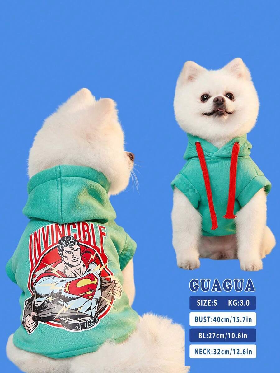 SUPERMAN X PETSIN 1件復古插圖印花湖綠色無袖連帽衫寵物服,時尚透氣,讓您的貓或狗看起來酷帥且感覺舒適,適合日常穿著、戶外活動或在家放鬆 - 綠色 - 查看 1