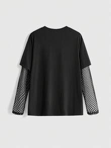 ROMWE Grunge Punk 暗黑龐克大尺碼女款 T-shirt 網格拼接武器印花寬鬆長袖上衣 街頭音樂節休閒穿搭 - 黑色 - 查看 2