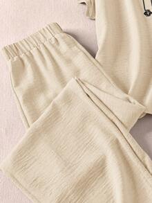 Rusticease 女款刺繡圓領短袖上衣與寬腿褲兩件套居家服 正式天藍色秋季休閒得體 - 杏色 - 查看 4