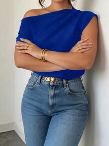 Elenzga Spring Summer Autumn Short Sleeve Asymmetric Shoulder Simple Comfortable Pleated Design Black Plus Size Shirt - Royal Blue - View 4