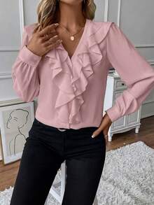 SHEIN Franclia 女款荷葉邊燈籠袖襯衫上衣 - 粉色 - 查看 4