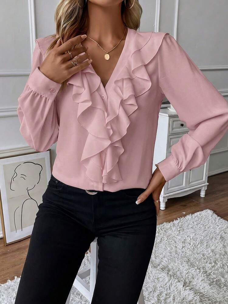SHEIN Franclia بلوزة نسائية بأكمام فانوس مزينة بحافة مكشكشة - وردي - مشاهدة 4