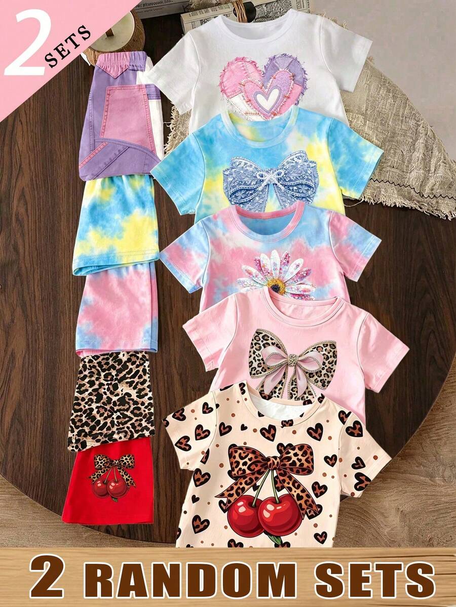 Elladie kids (Random Pattern, 2 Sets Random) Girls' Leopard Print Glitter Bow Patchwork Heart Flower Cherry Pattern Basic Short T-Shirt And Shorts Set - Multicolor - View 1