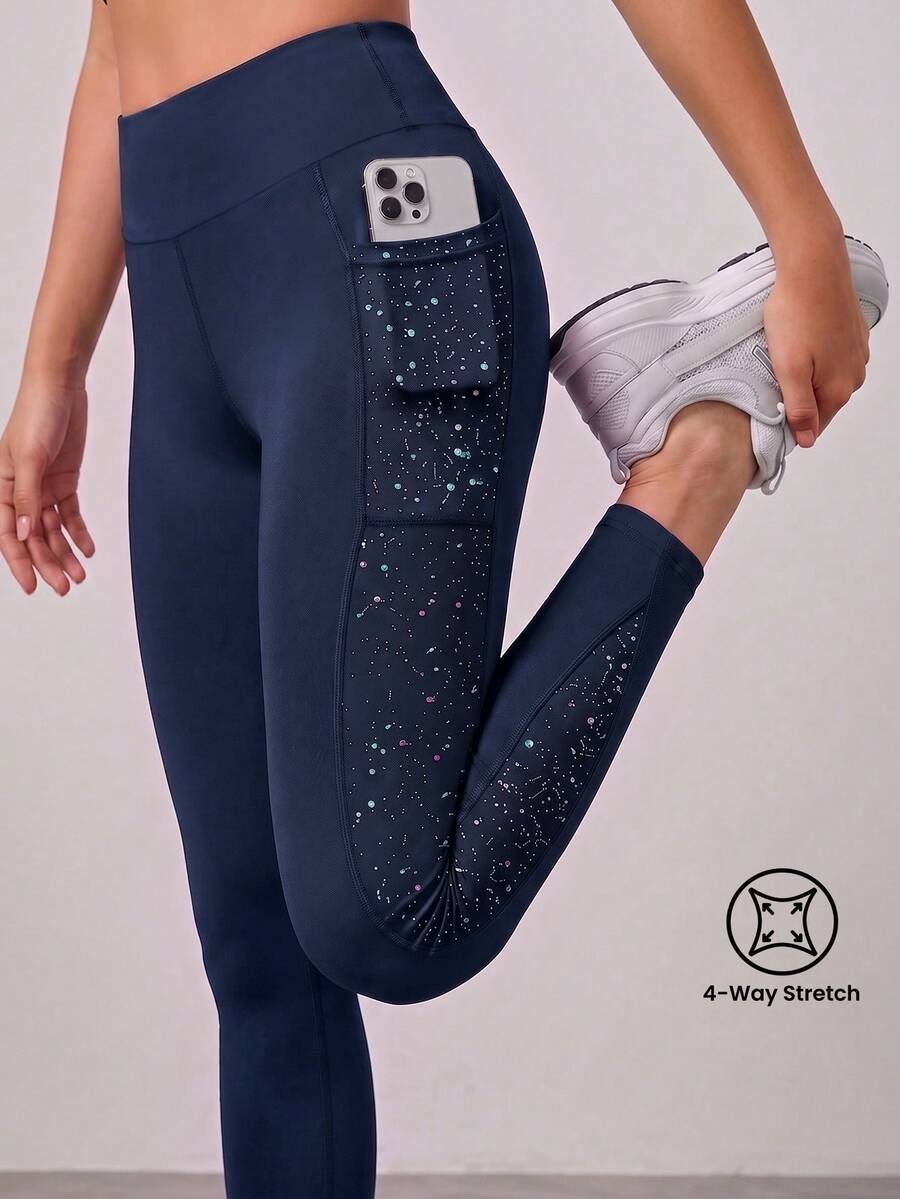 SHEIN 女童與女款星空波點印花瑜伽緊身褲,附口袋,高彈性海軍藍秋冬休閒健身高腰瑜伽褲,秋季 - 藏蓝色 - 查看 1